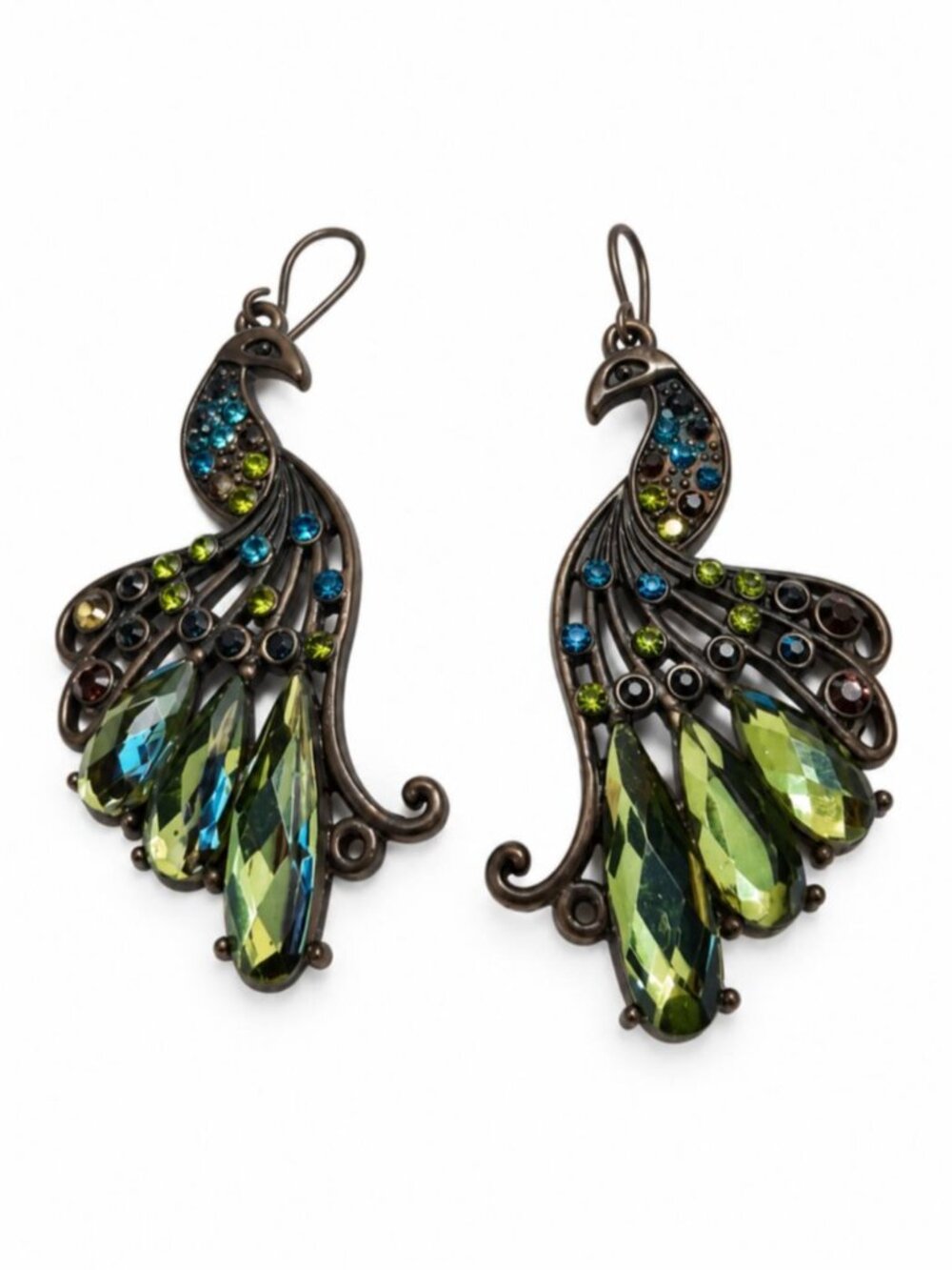 Peacock Statement Dangle Earrings Green & Blue Rhinestones Bronze Tone